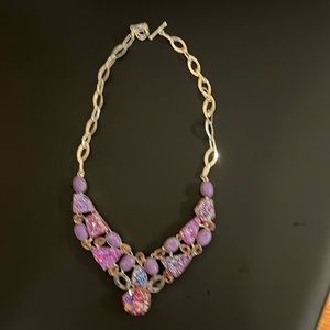 Genuine/Faux stone mix adjustable necklace silver color